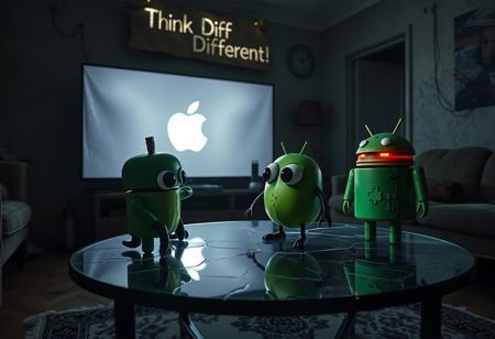 "In a dimly lit, decrepit Italian apartment, a cartoonish green apple with unnervingly exaggerated eyes and twisted limbs sits on a cracked glass coffee table. The table reflects the cold, flickering glow of a massive OLED TV mounted haphazardly on the wall. The TV displays an Apple computer commercial in unnaturally vivid 4K, casting long, sharp shadows that dance eerily across the room. The air is heavy with the smell of mildew and decay.
Beside the apple, the Android logo robot stands, but its once-smooth green surface is now rusted and grimy, with dented panels and flickering, malfunctioning eyes. The droid’s antennae twitch erratically, and its presence adds to the unsettling atmosphere. Both figures are fixated on the TV, their gazes unnaturally intense, as if drawn into the eerie commercial.
Above the TV, a warped cardboard sign reads 'Think Different!' in jagged, irregular letters. Backlit by flickering LEDs, the sign casts sinister, crawling shadows on the peeling stucco walls. The room’s once-grand Italian architecture—exposed brick and wooden beams—feels claustrophobic and decayed, with grimy windows letting in only a weak, sickly light. The green apple’s glossy skin gleams ominously under the cold light, while the Android robot stands eerily still, completing this unsettling blend of twisted charm and decayed technology."