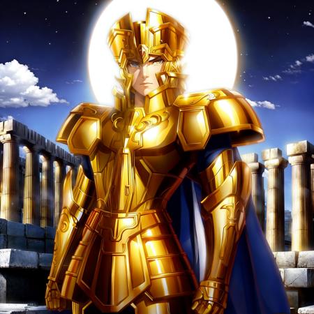 <lora:GeminiArmor:0.7>, GeminiArmor, gold armor, Henry Cavil as 1boy, armor, dramatic sky, looking at viewer, armor, closed mouth, upper body, serious, helmet, on greek temple bridge, anime, full-body. running towards the viewer, boots