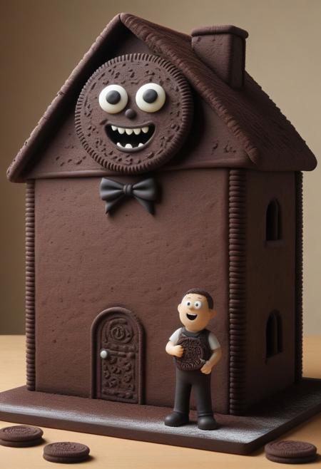 a giant man made of creamy cookie, standing in a creamy cookie house, holding a mini non cookie person in his hand, person is scared and screaming