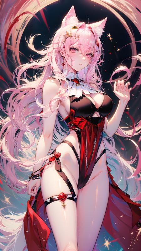 1girl, pink hair, solo, breasts, animal ears, long hair, wolf ears, swimsuit, pink eyes, hair ornament, wolf girl, cleavage, thigh strap, very long hair, braid, pelvic curtain, medium breasts, extra ears, standing, nights, stars, thighs, hair between eyes, animal ear fluff <lora:PozëmkaV1.0:0.8>,pozëmka&typewriter, full body,