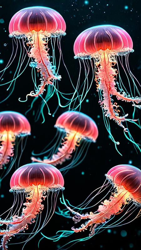 novuschroma70 style neon Jellyfish fractal, A serene group of light pink jellyfish floats gracefully in the pitch-black depths of the ocean, small jellyfish, its delicate long tentacles trailing behind it like an intricate lace. A dramatic and unusual scene. A world of beauty. Vintage style with retro filter. Toning effects for Instagram, breathtaking photos. <lora:novuschroma70 style_:1.4>