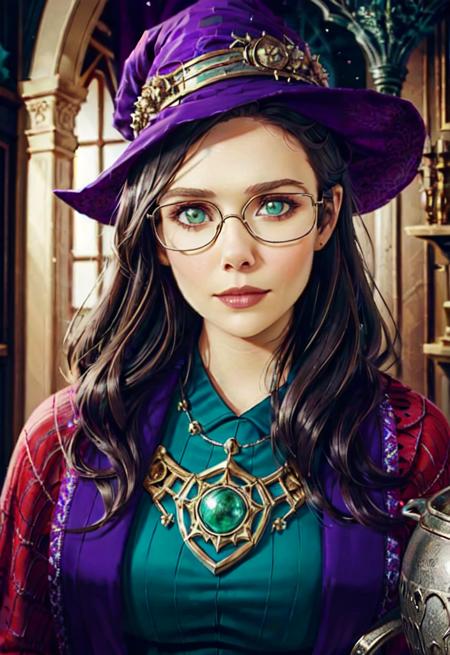 best quality, 1girl,  elizabeth_olsen, lips, portrait of witch lady, round eyewear, glowing eyes, eye focus, short black hair, purple hat, ornate robe, dark medieval room indoors, cauldron with green potion, spider web, particles, fantasy