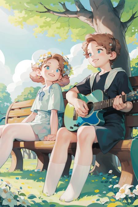 <lora:wedjigamja:0.9>, ,A girl and a boy are sitting on a park bench.  1boy is playing the guitar. smile, happy,   in trees, forests and sunshine. sunshine, the mottled shadows, the blue sky and white clouds.Watercolor style, bright colors, sunny.green high saturation  dappled sunlight, (Colorful)  animal ears,, masterpiece, best quality,