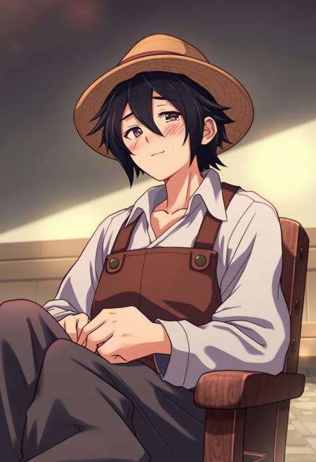 masterpiece, best quality,anime, farmer,1boy, grandpa ,black hair ,The Age of Legends,Age between 45 and 60 years,sitting on a chair,bread,