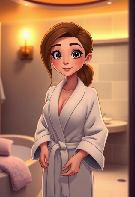 (semi-realistic disney cartoon, volumetric lighting:1.1), cute woman,in spa,wearing bathrobe,petite,pulling own clothes, perfect eyes,perfect hands,