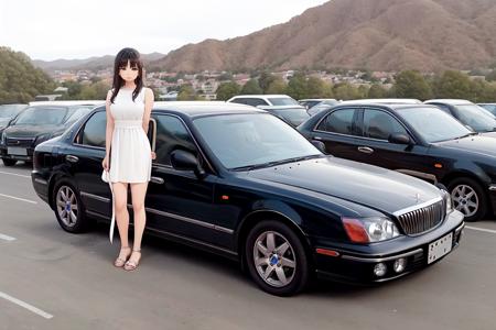 best quality, masterpiece, girl, solo, XG, (the girl is standing next the car:1.15), car, vehicle, vehicle focus, ground vehicle, <lora:Hyundai_Grandeur_Pack_v1.0a:0.75>