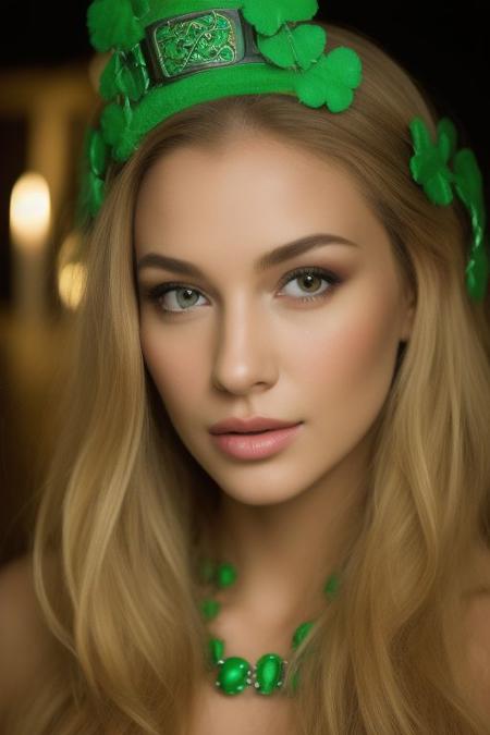 Beauty Photography: Focuses on well-lit, flawless skin and often used in beauty and cosmetics advertisements.<"shooting under very dark condition":1.8> with high iso, film, high key, 
out fit for Saint Patrick's Day and the rich Celtic culture celebration