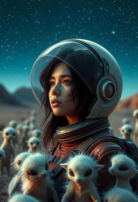 Amidst an alien landscape, a young woman in a transparent-visored space helmet gazes at the horizon, her dark hair tousled. Soft, fluffy alien creatures surround her, their innocence contrasting with the hard lines of her futuristic gear, under a celestial sky teeming with stars.