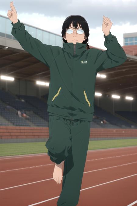 masterpiece, best quality, high quality, highres, high res, absurdres, ultra-detailed, best anatomy, detailed eyes, perfect eyes,
Balancing on one foot with arms in the air,
makoto_kurume, opaque glasses, solo, 1girl, braid, black hair, jacket, glasses, track jacket, green jacket, track suit, track pants, (no eyes:1.2),  <lora:makoto_kurumeV1:0.85>