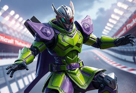 "Yaguramaru Armor Ninja robot, green and purple, silver head, black visor, dynamic pose. F.A. Circuit Grand Prix backdrop. Action stance, arms extended. High-res, 4K, octane render, Unreal Engine 5 pro, splash ink illustration, Raphael style, Houdini style, captivating lighting, dynamic action, isometric view, trending on Artstation, CGSociety, golden ratio."