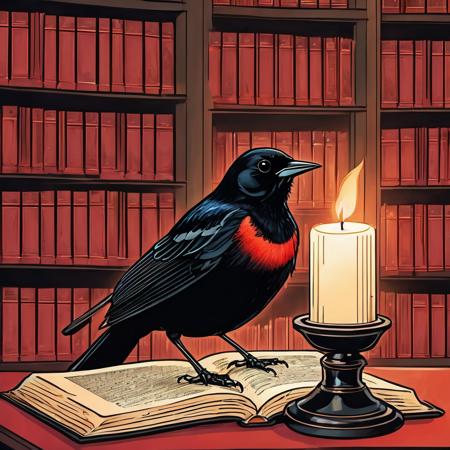 A red-winged blackbird looks up from his studies in a dark candlelit library. With a faraway look in his eyes, he uses sorcery to examine the metaphysical connections between the glowing transluscent strings of the multiverse.