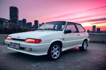 A {white|black|red|blue|pink) car is parked by the road :: pink sunset and city in the background :: 1980 :: Luxyry style :: Hyperdetailed : Ultra realistic :: cinematic :: Neon lighting :: Unreal engine :: RTX --ar 2:3, (VAZ2113),  <lora:VAZ2113:0.8>