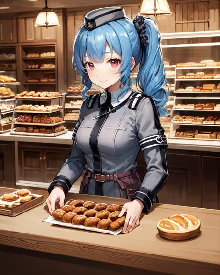 best quality, (masterpiece:1.2), illustration, absurdres,
(1girl), (solo), (beautiful detailed girl),  (upper body, portrait),,
<lora:ClaireRMP-08:0.8>, blue hair, side ponytail, scrunchie, red eyes, medium breasts,
garrison cap, grey headwear. grey military uniform, grey pants,black capelet, purple belt, brown boots,
looking at viewer, gentle smile,
((inside intricate detailed bakery)), bread, pastries, table, store, shop,