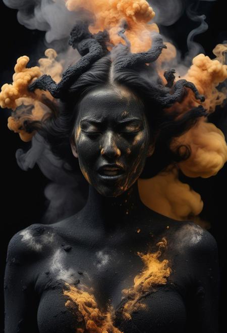 Double-masking photography, an angry goddess formed from the smoke of a sulfur explosion, Gia crying, from the smoke exits flaming dragon , black smoke, fire, acid rain, by HGHD, negative space, intricate details, photo illustration, 100 mm lens, cinematic scenes, liquid plasma scatter, fluid dynamics, ink art, blink-and-you-miss-it detail
