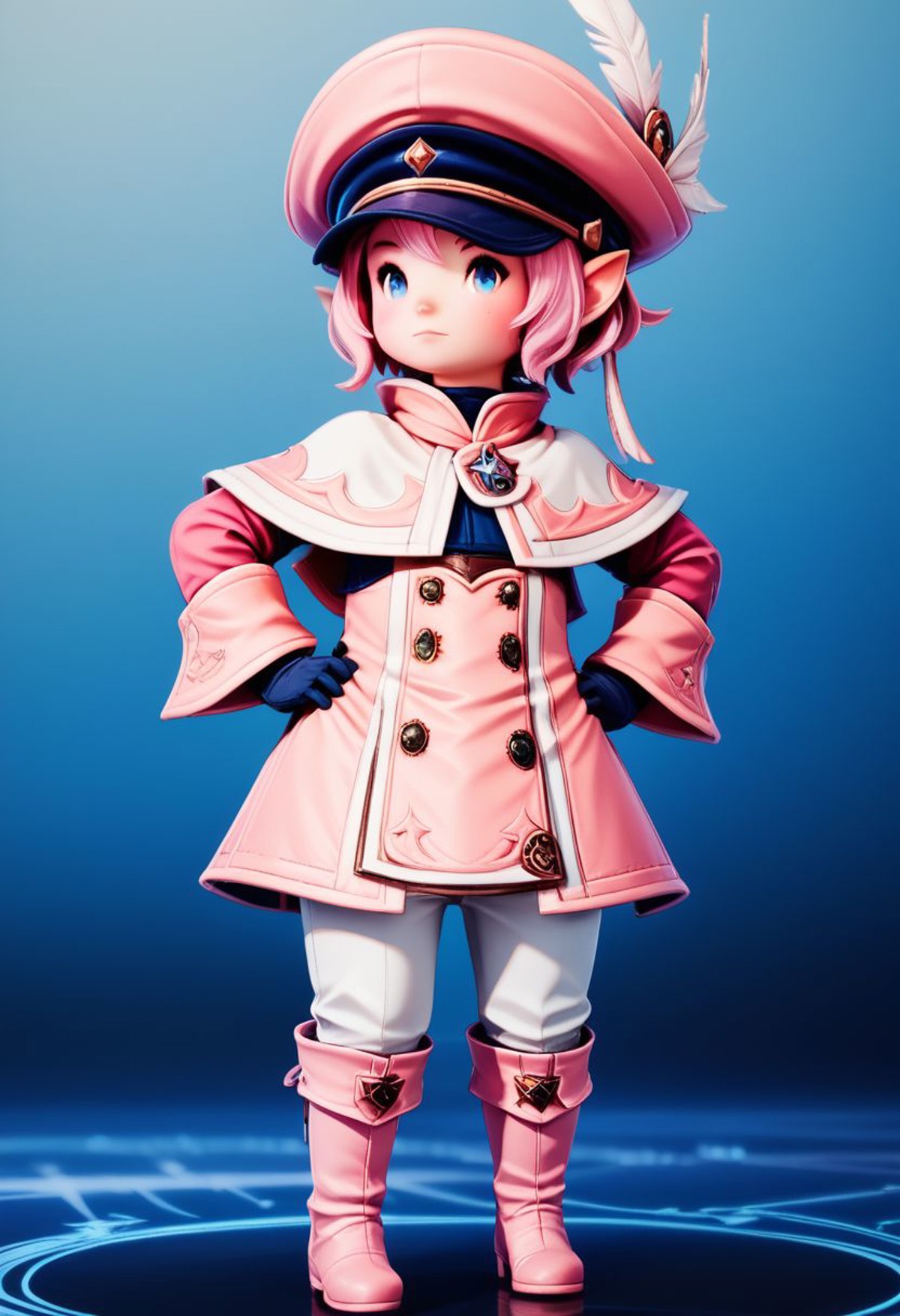 LalaTater, Lalafell, 1girl, blue eyes, boots, capelet, closed mouth, full body, gloves, hands on hips, hat, long sleeves, ...