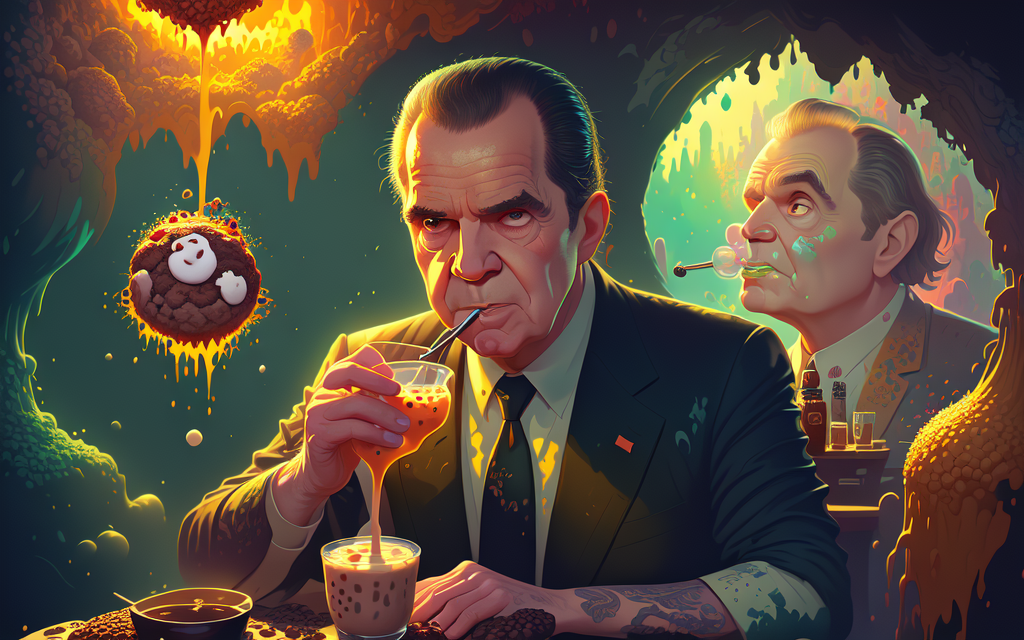 richard nixon about to drink a warm bean milkshake, about to be filled with beans and meatballs, hole-dwelling, covered in...