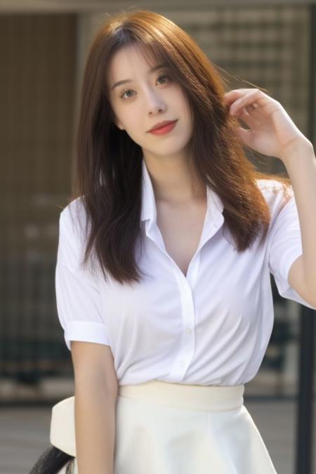 one girl, big tit, downblouse, nipslip, white shirt, shirt skirt