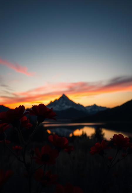 The image is a beautiful sunset with vibrant red flowers in the foreground and a majestic mountain range in the background. highly detailed and hyper realistic photo, by Alena Aenami , by Archibald Thorburn , by Daniele Afferni , in the style of  monochromatic silhouette reflection,  limited dark palette, unusual dark colors, faded colors, atmospheric haze, highly dramatic cinematic lighting, motion blur, film grain,  professional, excellent composition, finest details, maximized details, ultimate detail level, masterpiece, best quality