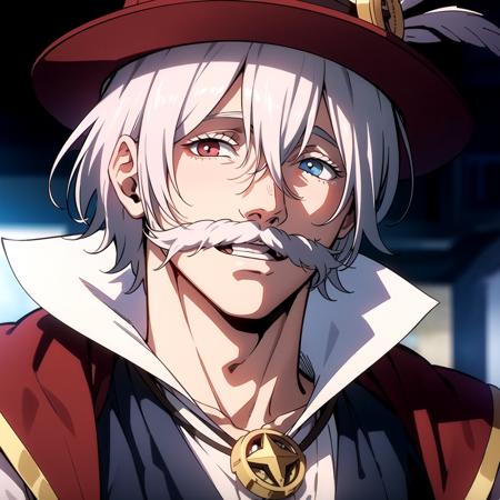 1boy, solo, multicolored eyes,heterochromia, cape, facial hair,hat,male focus,mustache, white shirt, short hair,white hair,smile, upper body, <lora:JackTheRipper:0.6>