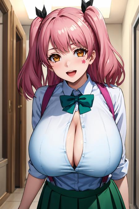 masterpiece, best quality,  <lora:fujinokinene-nvwls-v1-000009:0.9> fujinoki nene, pink hair, twintails, (star facial tattoo:0.75), green bowtie, cleavage, suspenders, white shirt, collared shirt, green skirt, :D, upper body, large breasts, hallway, looking at viewer, leaning forward, from below