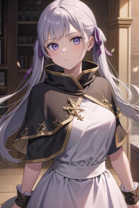 noelle silva, hair ribbon, long hair, (purple eyes:1.1), silver hair, twintails, dress, white dress, capelet, skirt, purple skirt, (black capelet:1.5), armor, bare shoulders, bridgeless bra, choker, collarbone, detached sleeves, (mermaid:1.5), monster girl, navel, scales, short sleeves, tiara,