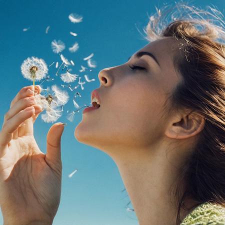 Close-up macro photography captures a woman as she gently blows an abundance of dandelion seeds, 
each one pirouetting through the air against a backdrop of a clear blue sky, 
infusing the moment with a sense of magical weightlessness, 
cinematic style, 
Polaroid nostalgia, 
soft-focus background, 
high shutter speed to freeze motion, 
natural light, 
vibrant yet delicate color palette, 
creating an ultra-realistic image, 
cinema
