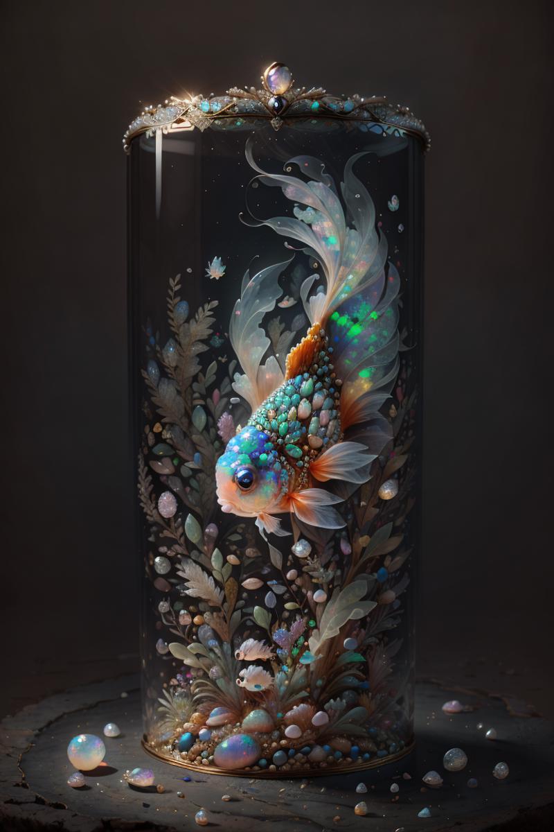 Fish Inside a Glass Vase with Plants and Decorations