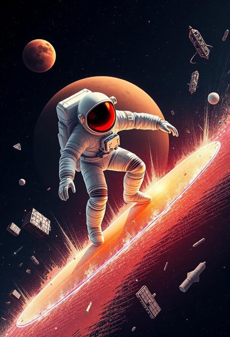 Digital artwork featuring a futuristic and dynamic scene. The layout is centered around an astronaut in a white spacesuit with a reflective red visor, riding a surfboard into a planets atmosphere. The background is a dark, starry expanse with a dull red planet in the distance. Surrounding the astronaut is the debris from a destroyed spacecraft, adding a sense of adventure and exploration. The overall style is highly detailed and vibrant, with a strong contrast between the dark space and the bright elements.