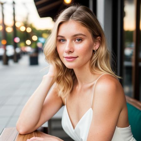 photo of young Caucasian woman, highlight hair, sitting outside restaurant, wearing dress, rim lighting, studio lighting, looking at the camera, dslr, ultra quality, sharp focus, tack sharp, dof, film grain, Fujifilm XT3, crystal clear, 8K UHD, highly detailed glossy eyes, high detailed skin, skin pores