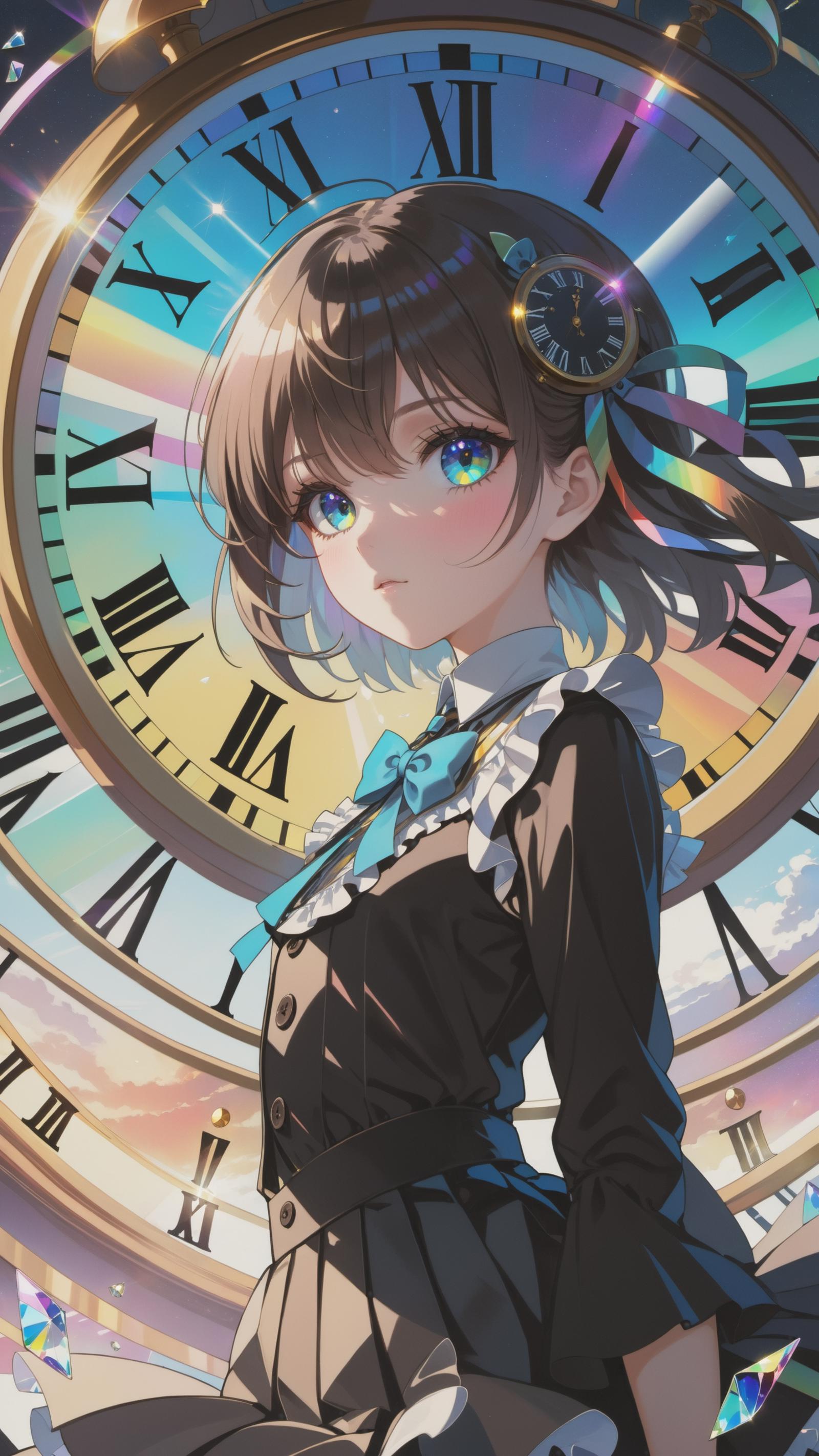 A young girl with a blue bow in her hair is standing in front of a clock.
