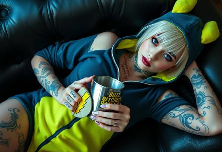 “A high-definition photo of a beautiful 20-year-old goth girl with short, platinum blonde hair, lying seductively on a black leather couch. She wears a dark blue and neon green Pikachu onesie with the zipper slightly open, accentuating her curves. Her piercing blue eyes are highlighted by dark eyeliner and metallic plum lipstick, and her body is adorned with numerous intricate tattoos on her arms, neck, and chest. She holds a large steel coffee mug with a yellow lightning bolt logo and the words ‘Buzz Bitch Please!’ in bold. 8k detail, full body.”