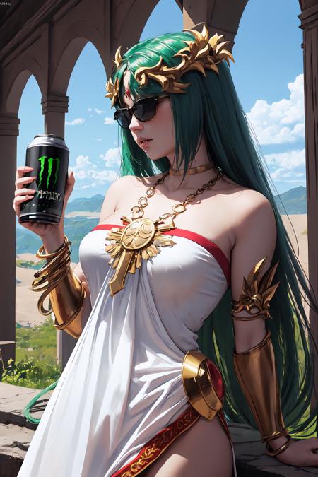 High Quality, Masterpiece, IncrsPalutena, jewelry, white dress, <lora:PalutenaV3:1>, sunglasses, HoldingMonsterEnergy, <lora:Pos_HoldingMonsterEnergy:0.5>