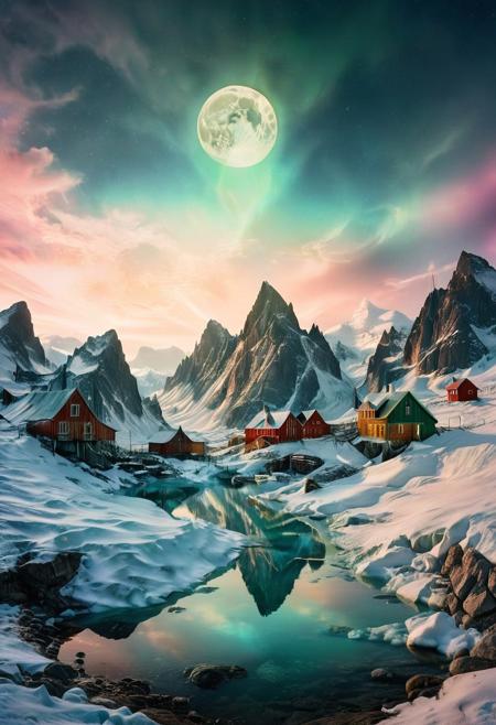 (by Ellen Jewett:1.5), (Bioluminescent Impressionism, Greenland  landscape, The Dreamland,, their peaks veiled in mist. mixed media, surrealism, great lighting, A surreal landscape highly detailed . extremely high-resolution details,  appears trapped in an optical illusion of reflections and refractions colorful , mountains and village in Greenland, professional photography, natural lighting, volumetric lighting maximalist. intricately detailed, complex, elegant, expansive, fantastical,snow, ice, night, moon,  ethereal landscapes, depth of field, biotech emotion:1.3) <lora:xl_more_art-full_v1:0.5> <lora:add-detail-xl:1> <lora:RMSDXL_Creative:2>. GhostlyStyle