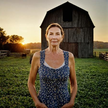 A sneaky creepshot covert photography portrait of a beautiful 45yr old redneck Caucasians mother standing near at barn at sunrise taken by Martin Schoeller, {{symmetrical oval face firm mouth highly detailed, enormous breast size, narrow waist thick hips,cherry ass, brunette, tempt}}, {{wearing farm cloth}} {{ at sunrise, dim light}}