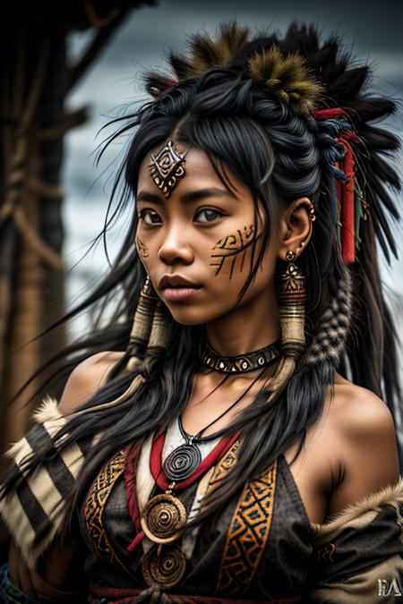Tribal style, mongolian tribal 26yo girl in a tribal village setting, black  <lora:Hairy Styles:1> norse_hair <lora:Detail more XL:0.4>,   <lora:Light Accelerator:0.2>, Indigenous, ethnic, traditional patterns, bold, natural colors, highly detailed