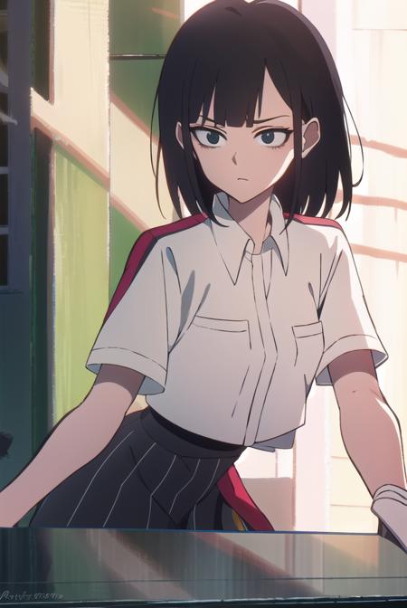 lingqiao, <lyco:lingqiao-LYCORIStest:1>, 
ling qiao, bangs, black hair, medium hair, (black eyes:1.5),
BREAK skirt, shirt, white shirt, short sleeves, collared shirt, black footwear, red skirt, sandals, pocket, long skirt, shirt tucked in, breast pocket,
BREAK looking at viewer,
BREAK outdoors, city,
BREAK <lora:GoodHands-vanilla:1>, (masterpiece:1.2), best quality, high resolution, unity 8k wallpaper, (illustration:0.8), (beautiful detailed eyes:1.6), extremely detailed face, perfect lighting, extremely detailed CG, (perfect hands, perfect anatomy),