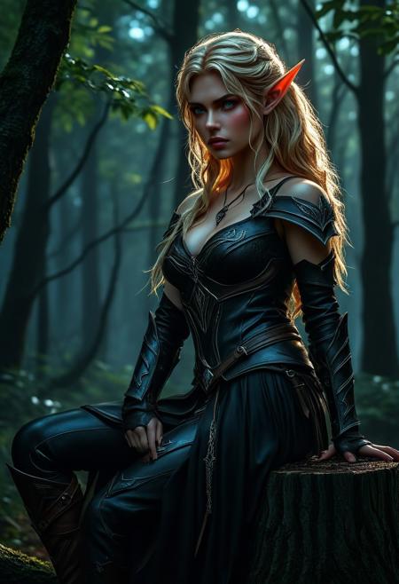 High resolution of ultra-realistic Beautiful Elven Archer girl, ultra-realistic body, perfect athletic body, Attractive Elf girl, artgem, WLOP, sitting on a stump in a dark forest, beautiful Sadie Sink as Elf Archer girl, night of the full moon, realistic elven leather armour, defiant and seductive, covered in dirty and blood, cinematic colors Lighting, extremely detailed, 8K, wavy blonde hair, realistic dirty pale face, realistic blue eyes, beautiful Elf girl on in dark fantasy cool outfit, hyper-detailed, hyper-realistic, Attractive 21 old years Elf woman, Attractive, beautiful firm Breasts, wet and sweaty skin, Dark fantasy style, Dark fantasy atmosphere, sharp focus, digital painting, Photograph Taken on Nikon D750, Alphonse Mucha, 8K, athletic figure, Hyperdetailed, hyperrealism, attractive woman, beautiful woman of athletic body, Attractive bust girl, asymmetric balance