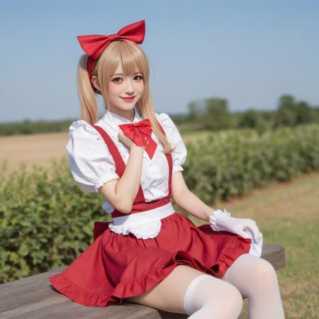 1girl, gloves, solo, blonde hair, red headwear, black gloves, hat, bow, red bow, frills, day, 1girl, sitting, outdoors, waist apron, bowtie, looking at viewer, short sleeves, red dress, red skirt, dress, white pantyhose, red eyes, apron, blue sky, sky, animal ears, vest, blurry, white apron, long hair, bangs, red bowtie, brown eyes, crossdressing, parted lips, skirt, arm up, wariza, red hairband, twintails, hand on headwear, smile, ribbon, lips, pointy ears, puffy short sleeves, hair ornament, puffy sleeves, red ribbon