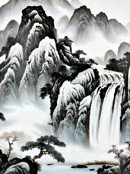 Chinese porcelain painting,Chinese ink painting, Chinese water color, black and white, mountain, waterfall, <lora:Chinese_porcelain_painting_V1:1>