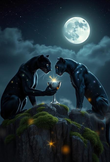A hyper-stylized, breathtaking image of a mystical couple of celestial panthers enjoying a serene, romantic night together on a high, ancient cliff under a star-lit sky. One panther, with an inky black coat dotted with small, glowing constellations, gently nudges a silver chalice of starlit nectar toward its partner. The chalice sparkles with a soft, otherworldly light, illuminating the panther’s mesmerizing, crystal-blue eyes. The other panther, whose coat shimmers with iridescent hues of twilight purple and midnight blue, gazes at the chalice with a gentle, affectionate glow in its moonlit eyes. Around them, the rocky ledge is covered with ethereal moss that glows faintly, casting a subtle, enchanted light over the scene. In the sky above, a full moon and countless stars shine brightly, illuminating wisps of delicate, silvery mist that drift across the cliff edge. The atmosphere is a harmonious blend of romance and mystery, as if the panthers are sharing an eternal moment beneath the stars. High-quality, intricate details, visually stunning, masterpiece