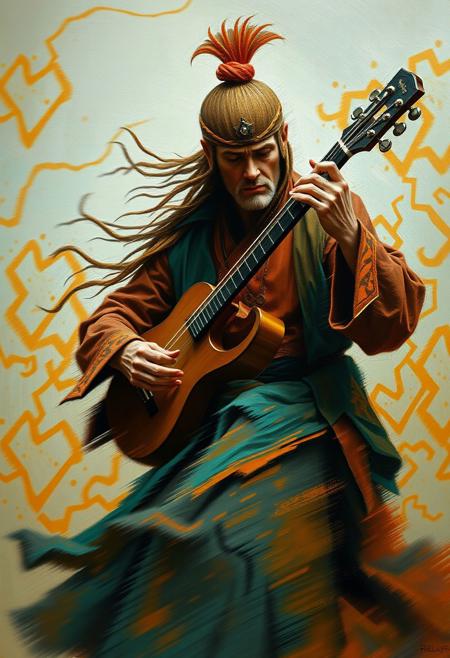 Dynamic motion captured in a painting of a musician playing an instrument using warm terracotta and cool teal.  Blurred lines and action poses emphasize the surreal and captivating composition in a dark fantasy, orientalist style.
