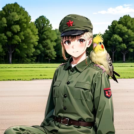 best quality, ultra high res, [32k|16k|best-quality], professional photo, <lora:Lutino_cockatiel:0.4>, Lutino_cockatiel, yellow bird, <lora:65-style_military_uniform:0.5>,(65-style_military_uniform,military_cap) ,<lora:add_saturation:2>, <lora:illya10:0.6>,white hair, child, small breasts, (a large bird sitting on a girl's shoulder:1.4)