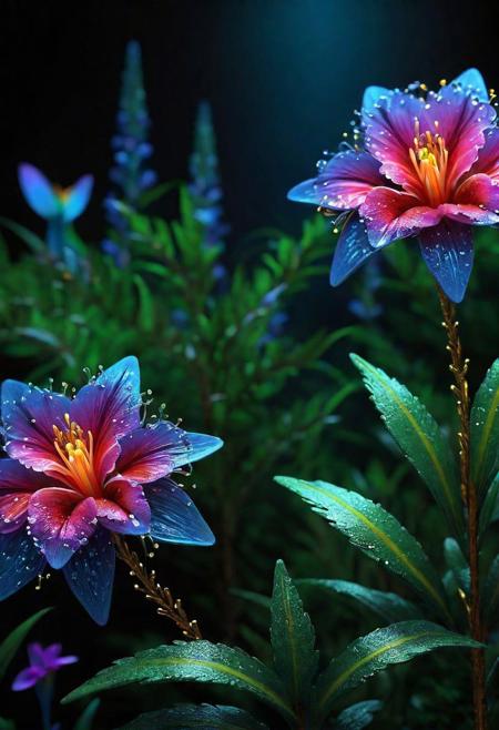 Fantasy, twinkling flowers, forest, light, sparkle, fine art, extreme details, photorealistic, matte painting" ultra highly detailed, detailed, black bg, night bg, rainbow color, ceramic, this one digital painting, highly detailed, intricated, intricated pose, clarity, high quality, center align, Miki Asai Macro photography, close-up, hyper detailed, trending on artstation, sharp focus, studio photo, intricate details, highly detailed, by greg rutkowski<lora:xl_more_art-full_v1:0.4>