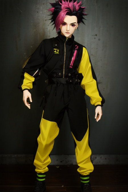 <lora:ballJointDoll_v10:1> Ball Joint Doll, doll joints, 1boy, male focus, solo, goggles, magenta hair, spiked hair, mohawk, short hair, yellow and green bodysuit, full body, standing,