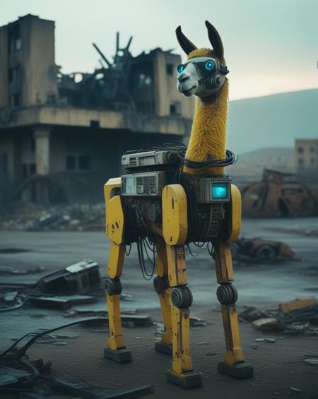 A cybernetic llama stands amidst ruins, with one side resembling a mechanical robot and the other side retaining its natural fur. The background is a desolate wasteland with crumbling buildings, rusted machinery, and a toxic yellow sky. Incorporate subtle details like glowing blue circuits, exposed wires, and worn leather straps to convey a sense of decay and technological overreach