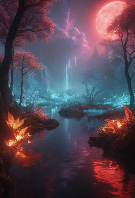Ultrarealistic. sharp focus, dynamic lighting. play of light, reflection, refraction, Raytracing, Ultra detailed. Alien themed. Alien scenery. alien scenery background. alienworld. An alien fire dragon surrounded by ice.enchanting, cosmic, celestial, ethereal, vibrant flora, magical, luminous, serene, dreamy, radiant, bioluminescent, intricate details, surreal, enchanted forest