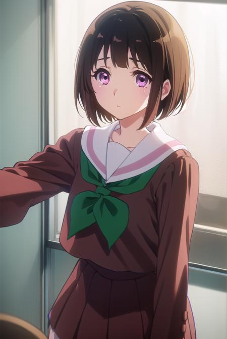 kaorinakaseko, <lora:kaori nakaseko s2-lora-nochekaiser:1>,
kaori nakaseko, short hair, bangs, brown hair, (pink eyes:1.3), mole, mole under eye,
BREAK skirt, shirt, long sleeves, school uniform, pleated skirt, serafuku, neckerchief, (brown skirt:1.2), white sailor collar, (brown shirt:1.2), kitauji high school uniform, (green neckerchief:1.5),
BREAK indoors, classroom,
BREAK looking at viewer, (cowboy shot:1.5),
BREAK <lyco:GoodHands-beta2:1>, (masterpiece:1.2), best quality, high resolution, unity 8k wallpaper, (illustration:0.8), (beautiful detailed eyes:1.6), extremely detailed face, perfect lighting, extremely detailed CG, (perfect hands, perfect anatomy),