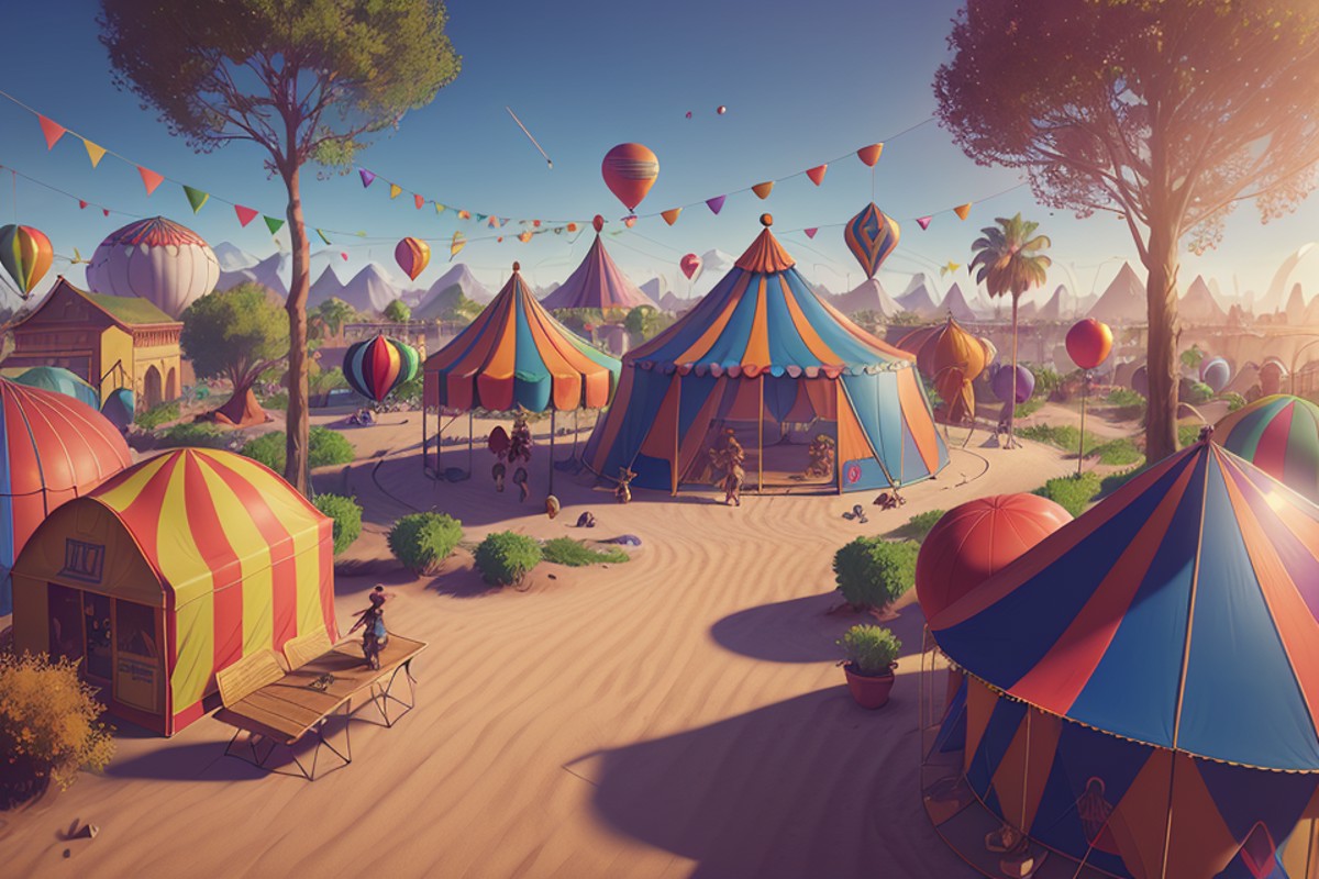 style of (hoppagames:1.0), A traveling circus with (colorful tents), (jugglers and clowns), (a tightrope walker), (animal ...