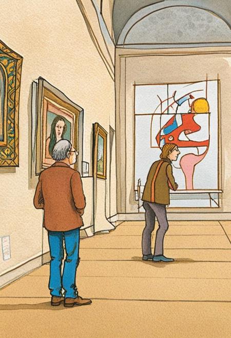 An illustration in the style of tomiedepaola, a man and a woman looking at art in an art museum gallery, indoors