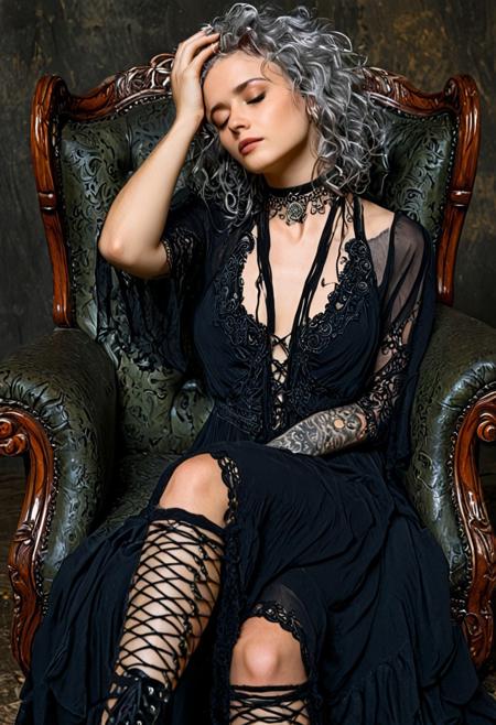 The image is a high-resolution photograph featuring a woman with a striking, ethereal appearance. She is seated in an ornate, antique armchair with intricate, ornately carved wooden details in shades of dark wood and silver. The chair's upholstery is a dark, worn velvet with a subtle sheen, suggesting it might be a rich, dark blue or green.
The woman has short, curly, silver-gray hair styled in a messy, slightly tousled manner. She has a slender build with a medium-sized bust and a fair to light skin tone. Her eyes are closed, and her face is tilted slightly downwards, giving a contemplative, melancholic expression. She wears a long, flowing black dress with lace detailing, which is sheer and semi-transparent, revealing a glimpse of her upper body beneath. The dress is layered and has a slightly gothic, vintage aesthetic, complemented by her dark, lace-up ankle boots that reach mid-calf, adding to the edgy, bohemian vibe.
She wears a choker necklace with intricate, silver accents around her neck, and her arms showcase multiple, intricate, black ink tattoos. Her right hand rests on her forehead, while her left hand is placed gently on her knee.